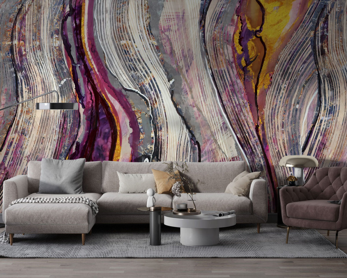 Abstract Wave Wallpaper : Purple Brushstroke Agate Mural - View 3