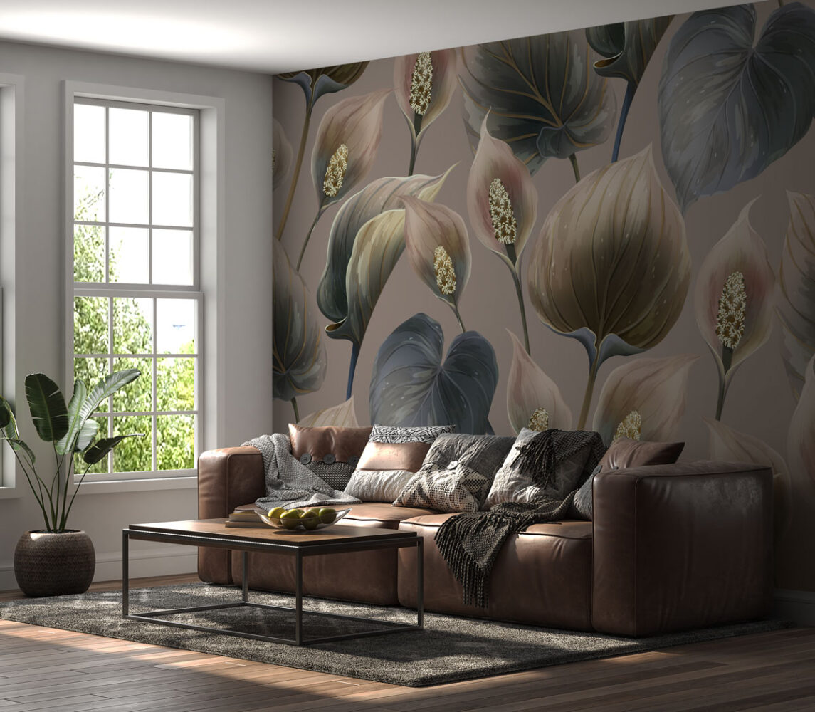 Peace Lily Wallpaper : Soft Painted Calla Pattern Mural - View 2