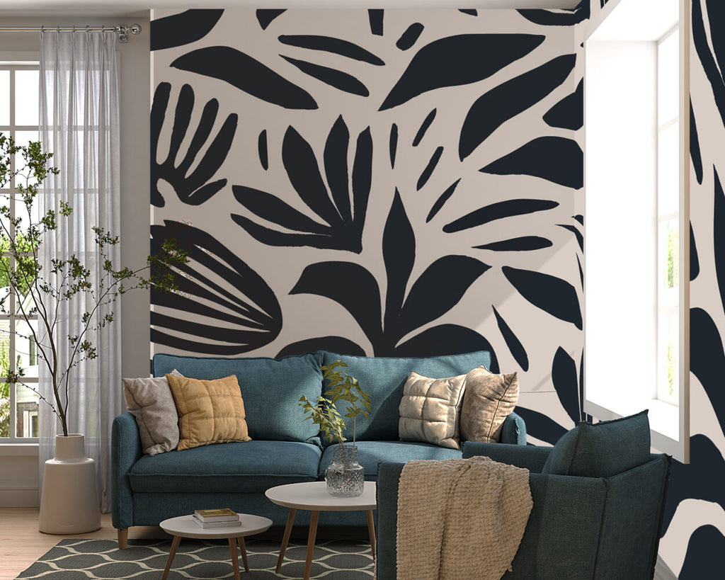 Black and White Abstract Floral Wallpaper : Cut Out Leaf Pattern Mural - View 2