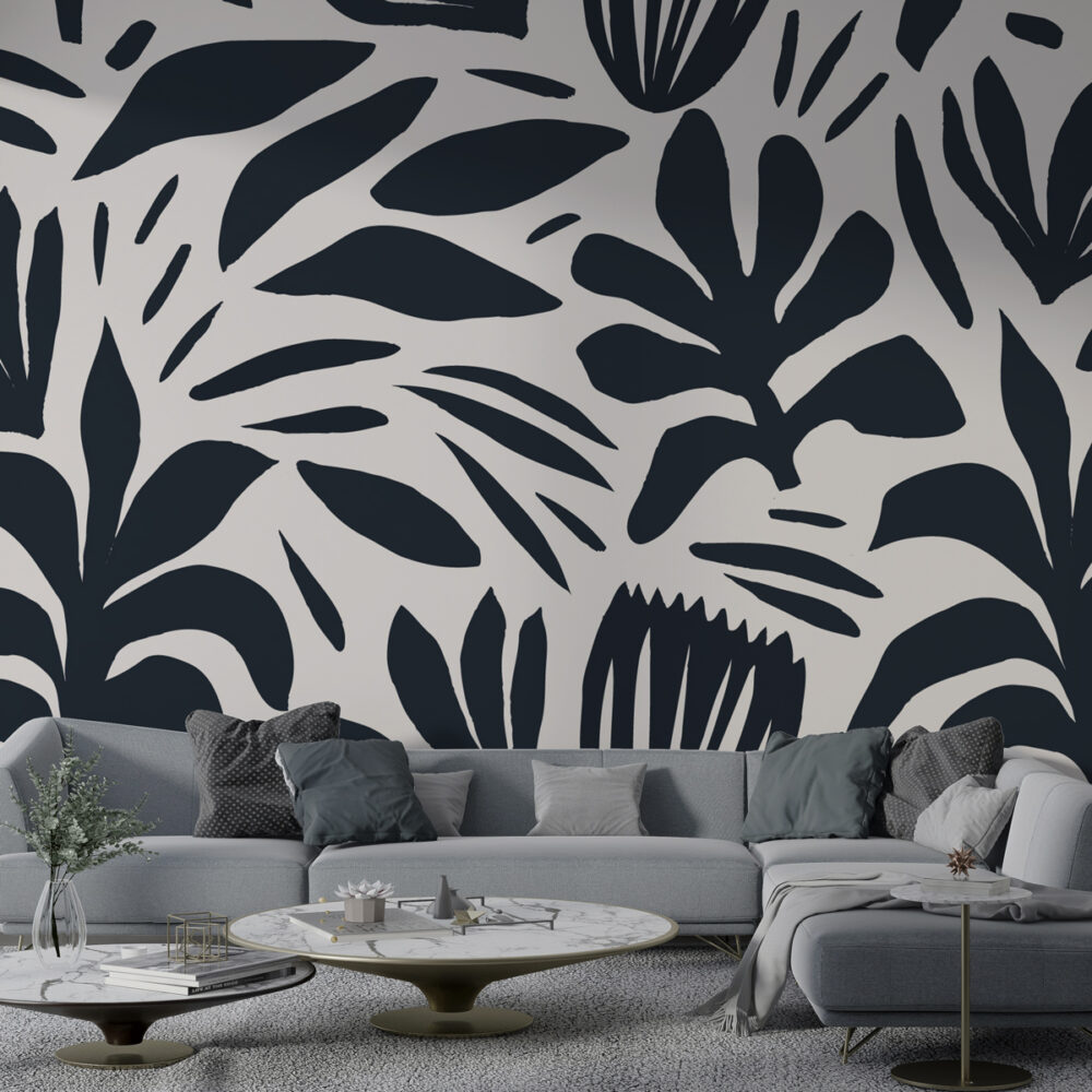 Black and White Abstract Floral Wallpaper : Cut Out Leaf Pattern Mural
