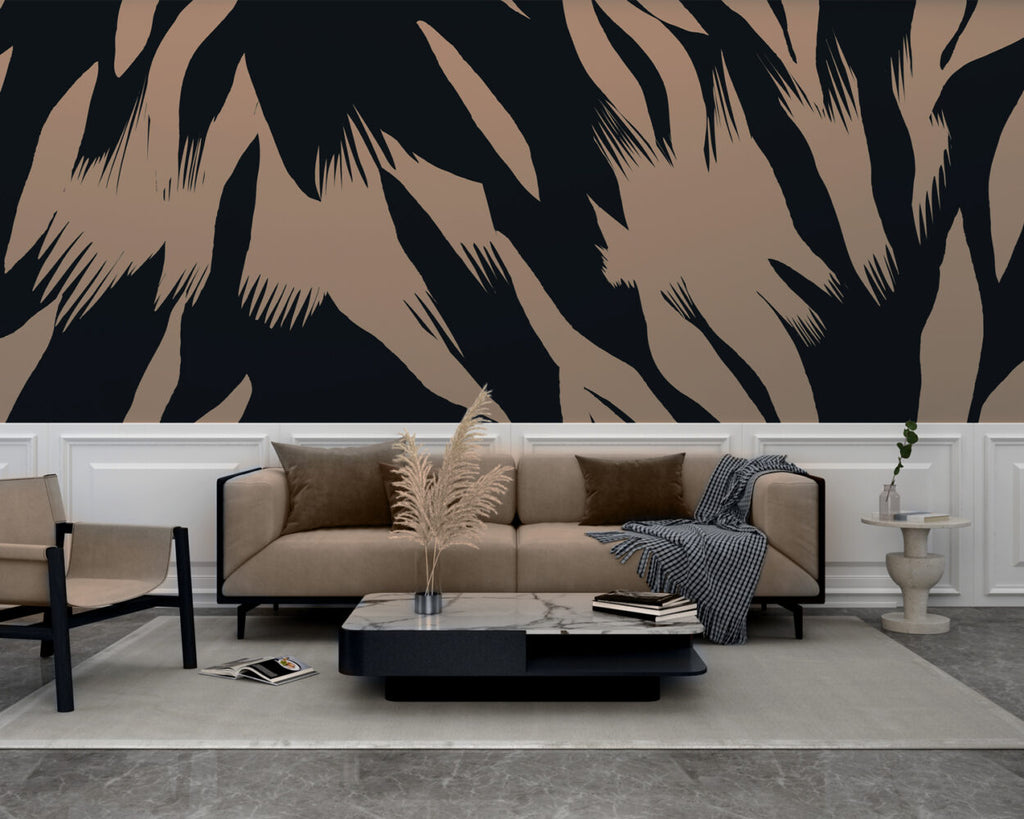 Black and Cream Brush Wallpaper : Abstract Tiger Stripe Mural - View 2