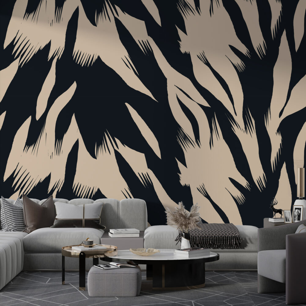 Black and Cream Brush Wallpaper : Abstract Tiger Stripe Mural - View 3