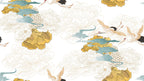 Japanese Crane and Gold Peony Wallpaper : White Chinoiserie Mural - flat design
