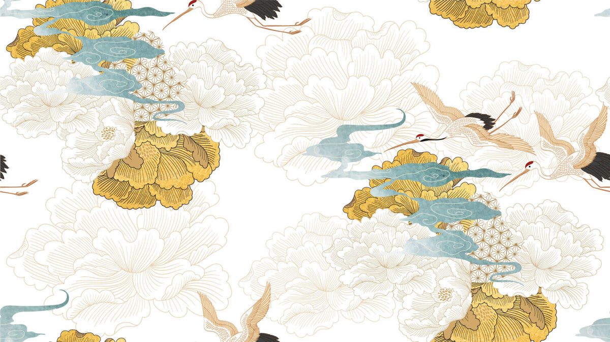 Japanese Crane and Gold Peony Wallpaper : White Chinoiserie Mural - flat design