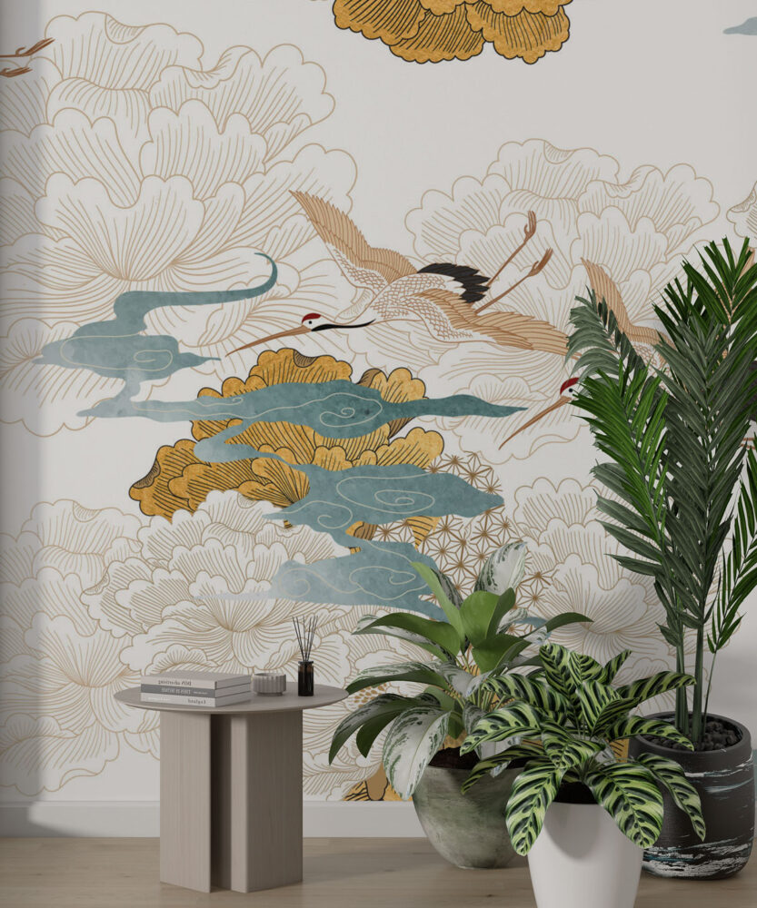 Japanese Crane and Gold Peony Wallpaper : White Chinoiserie Mural - View 2