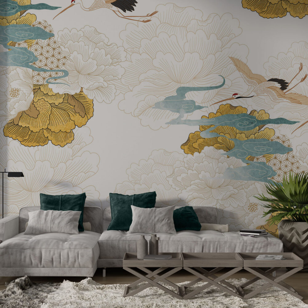 Japanese Crane and Gold Peony Wallpaper : White Chinoiserie Mural - View 3