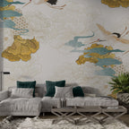 Japanese Crane and Gold Peony Wallpaper : White Chinoiserie Mural - View 3