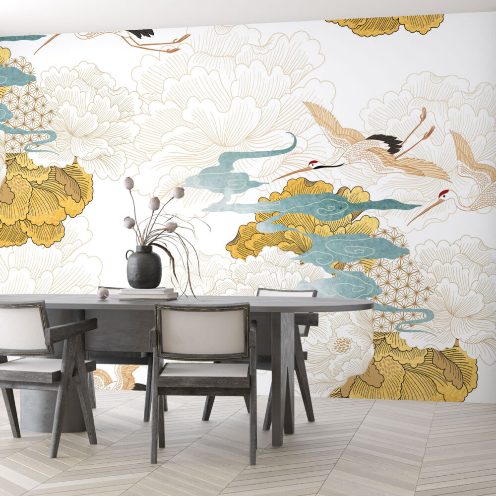 Japanese Crane and Gold Peony Wallpaper : White Chinoiserie Mural