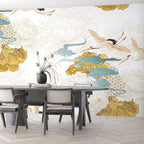 Japanese Crane and Gold Peony Wallpaper : White Chinoiserie Mural