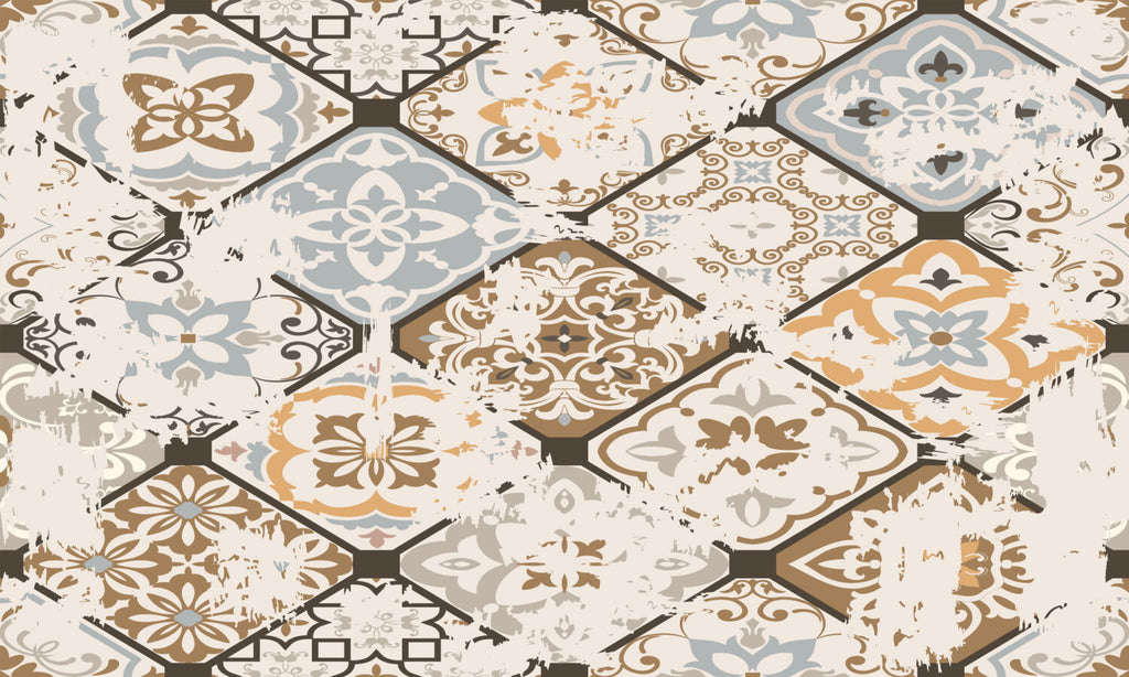 Vintage Ceramic Tile Wallpaper : Faded Patchwork Pattern Mural - flat design
