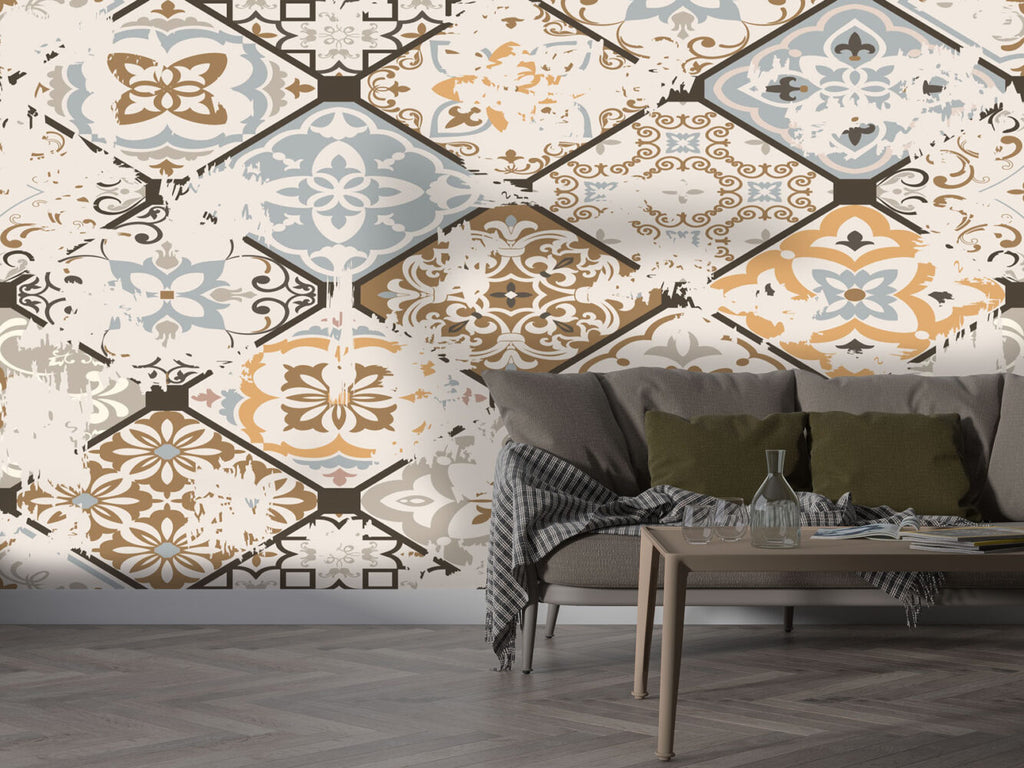 Vintage Ceramic Tile Wallpaper : Faded Patchwork Pattern Mural - View 2