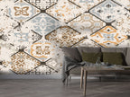 Vintage Ceramic Tile Wallpaper : Faded Patchwork Pattern Mural - View 2