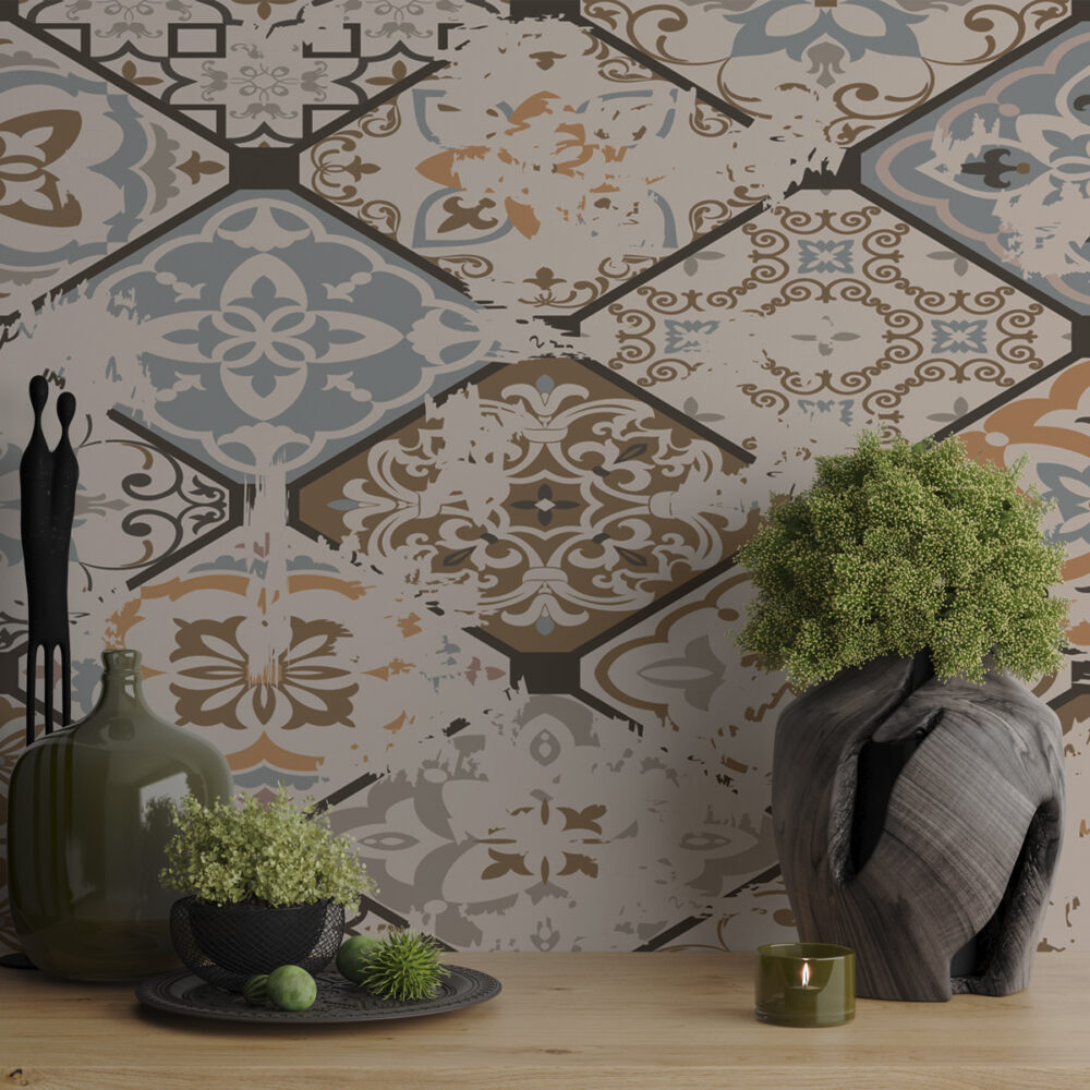 Vintage Ceramic Tile Wallpaper : Faded Patchwork Pattern Mural