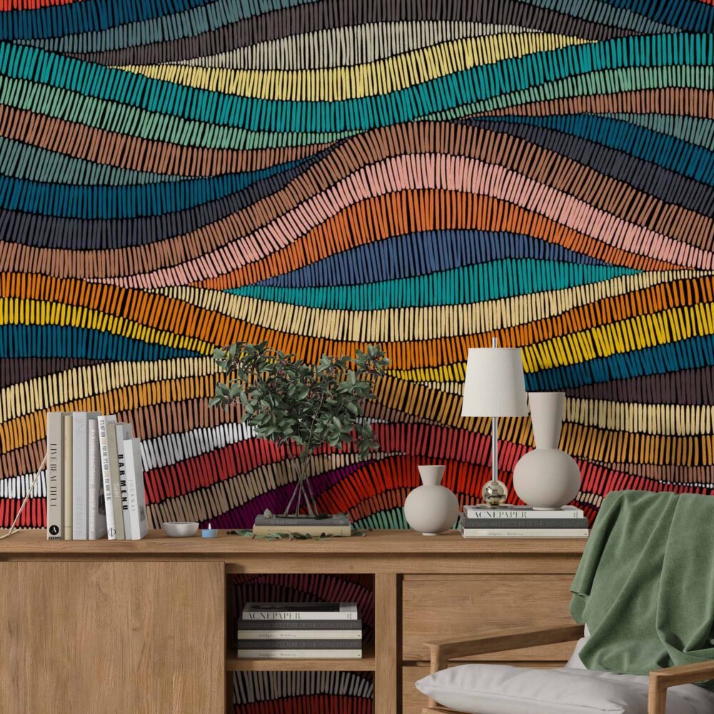 Colorful Stitched Wave Wallpaper : Embroidered Stripe Pattern Mural - View 3