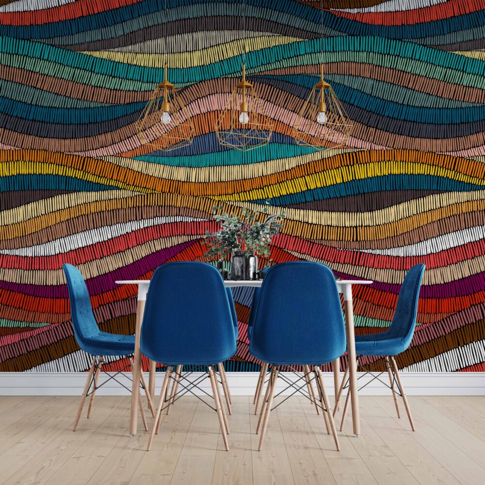 Colorful Stitched Wave Wallpaper : Embroidered Stripe Pattern Mural