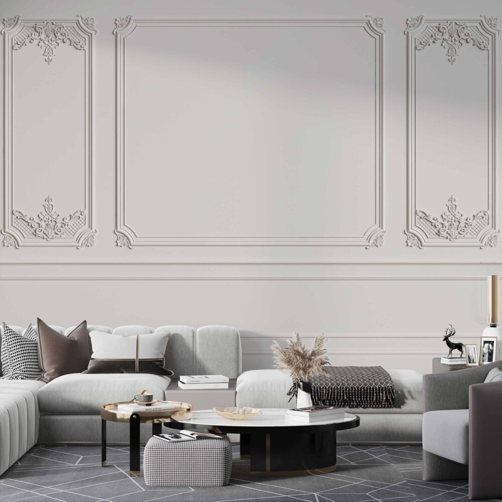 Classic Wall Panel Wallpaper : Grey Moulding Effect Mural - View 2