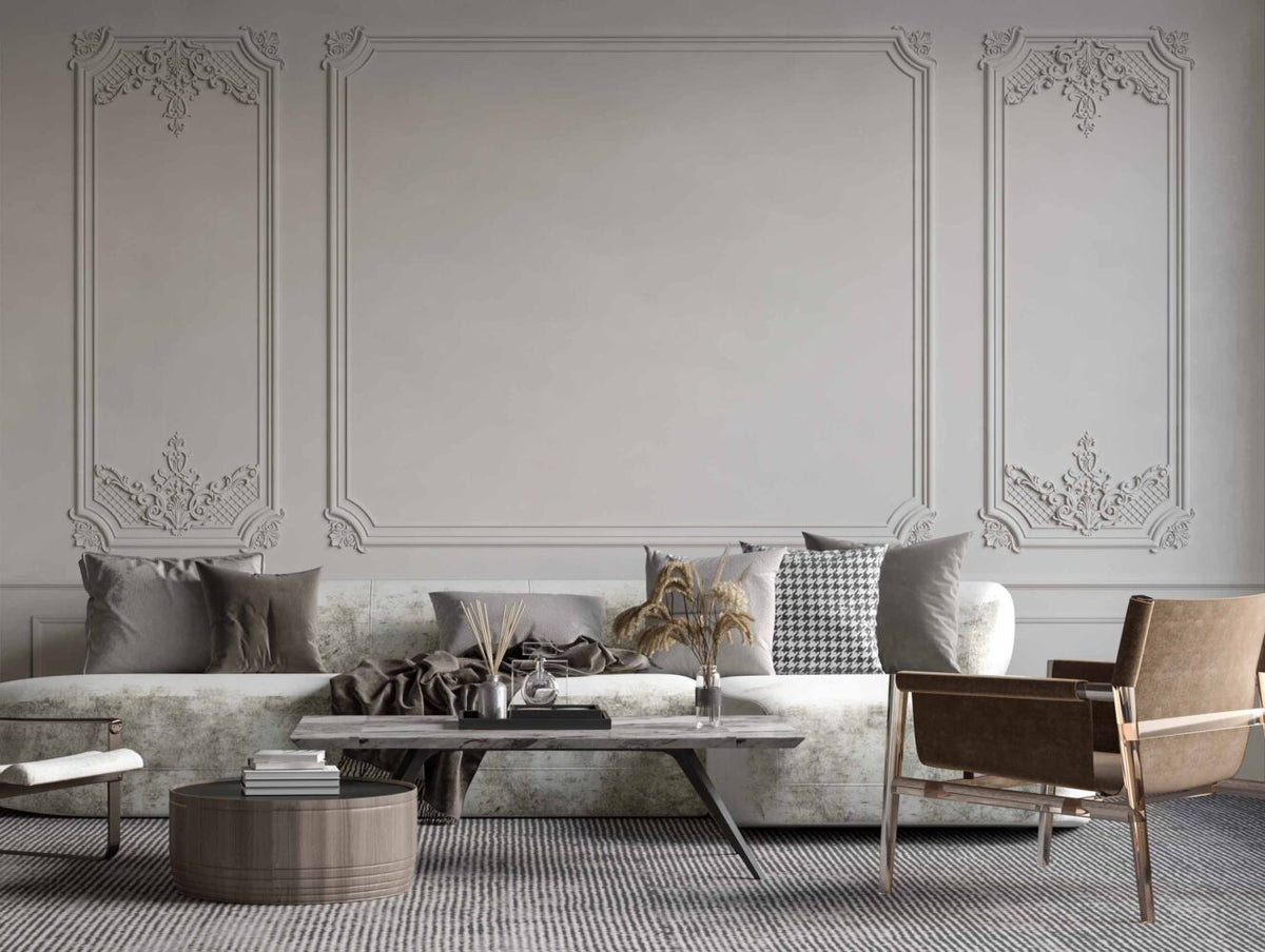 Classic Wall Panel Wallpaper : Grey Moulding Effect Mural
