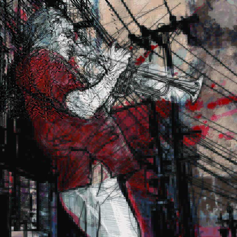 Jazz Trumpet Wallpaper : Street Musician Sketch Art Mural - flat design