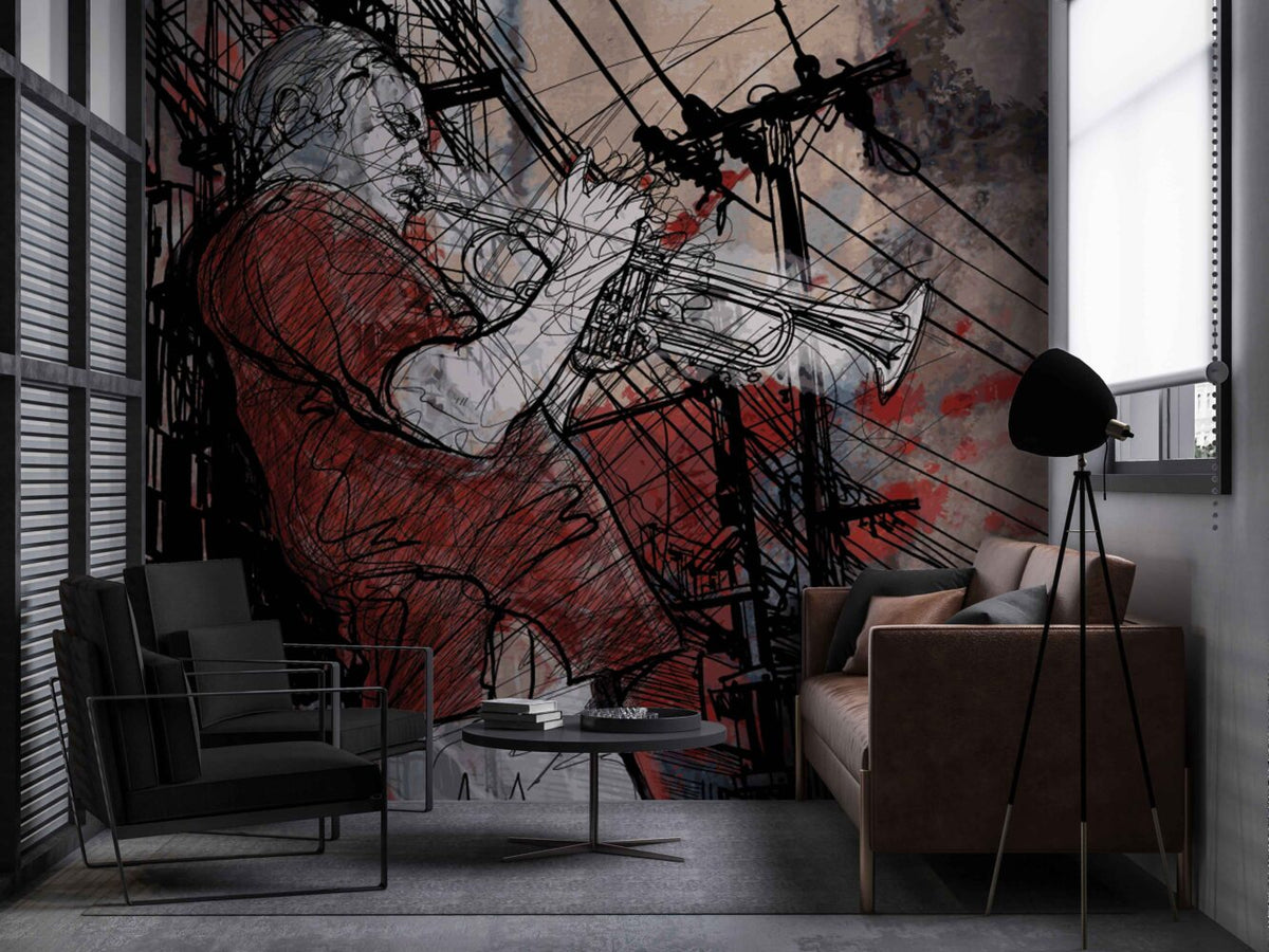 Jazz Trumpet Wallpaper : Street Musician Sketch Art Mural - View 3