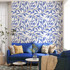 Blue Watercolor Leaf Wallpaper : Periwinkle Branch Pattern Mural - View 2