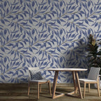Blue Watercolor Leaf Wallpaper : Periwinkle Branch Pattern Mural - View 3