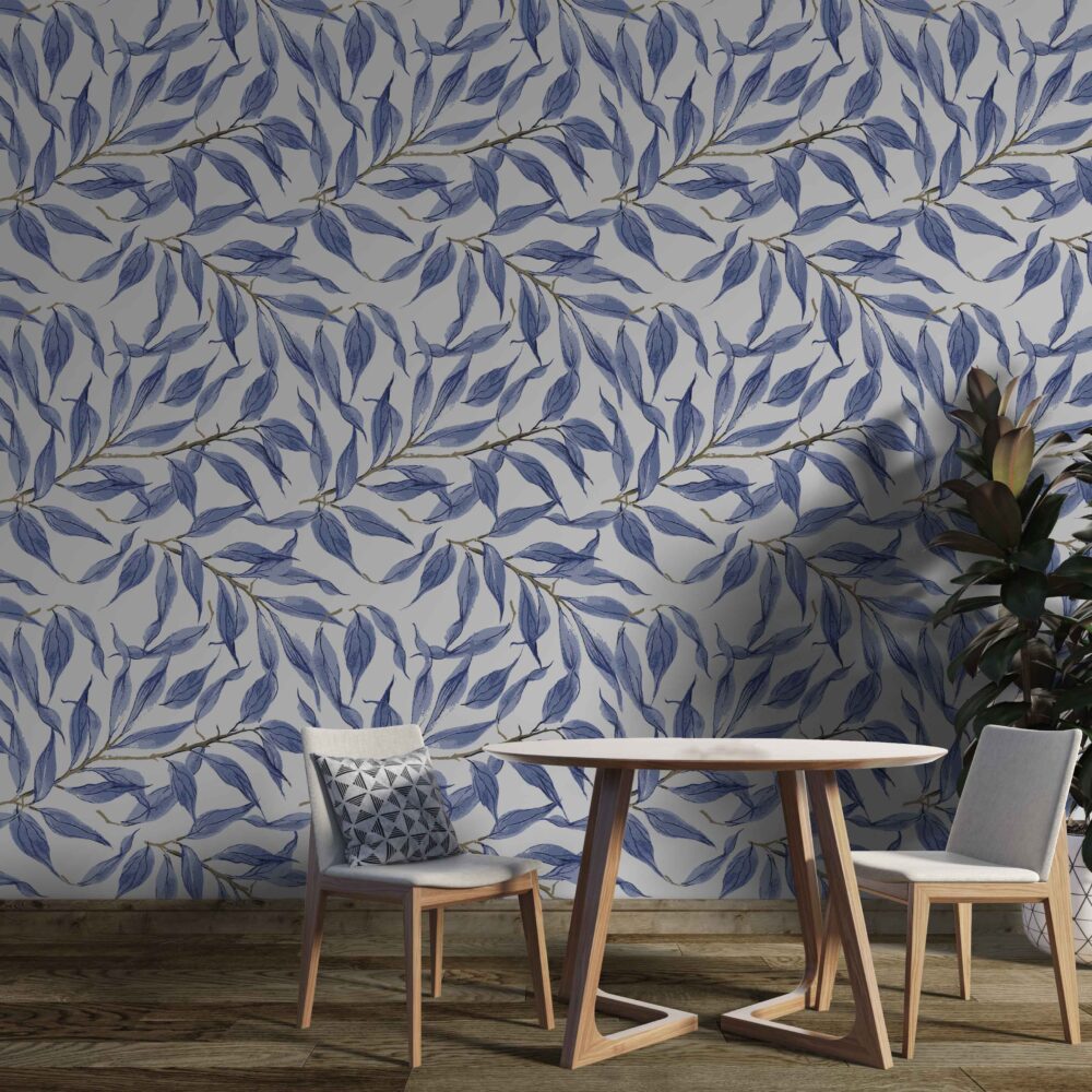 Blue Watercolor Leaf Wallpaper : Periwinkle Branch Pattern Mural - View 3