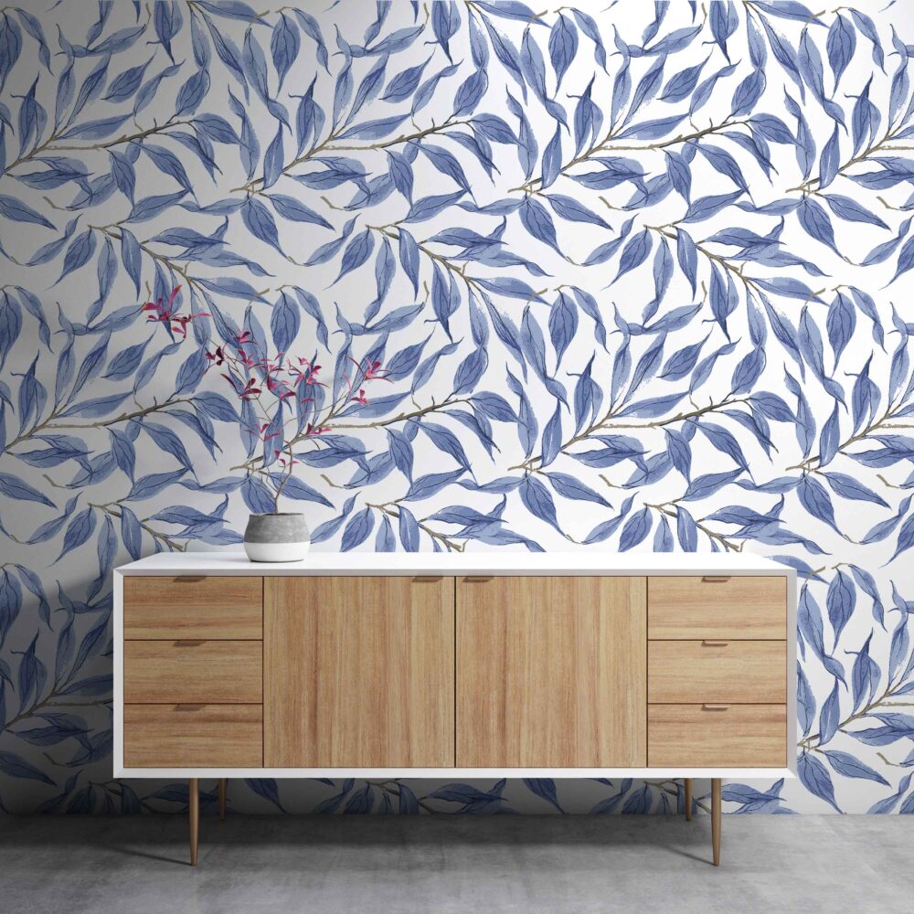Blue Watercolor Leaf Wallpaper : Periwinkle Branch Pattern Mural