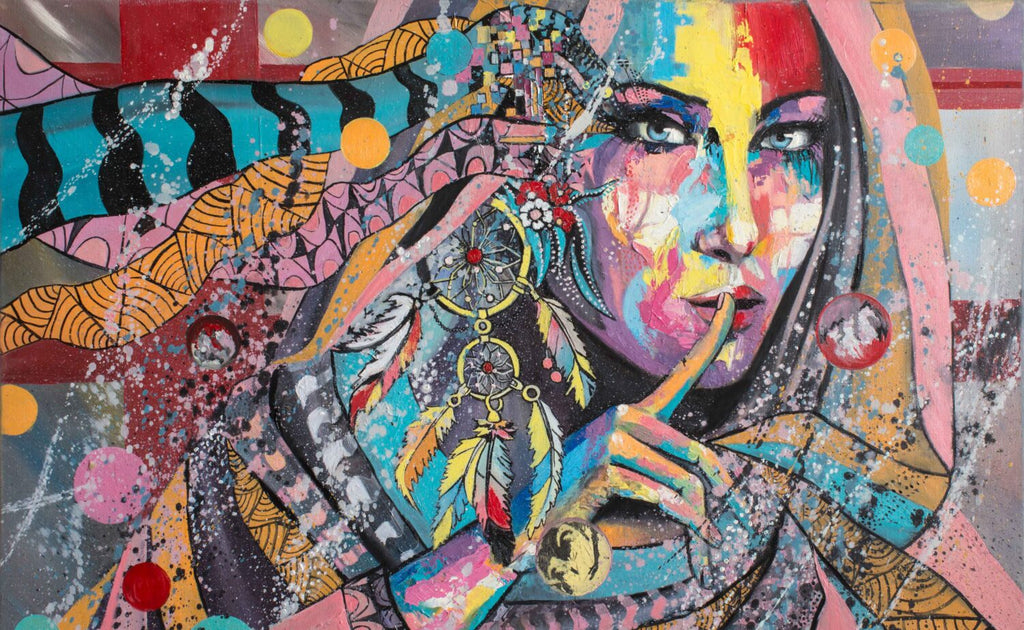 Boho Graffiti Portrait Wallpaper : Colorful Dreamcatcher Woman Mural - flat design