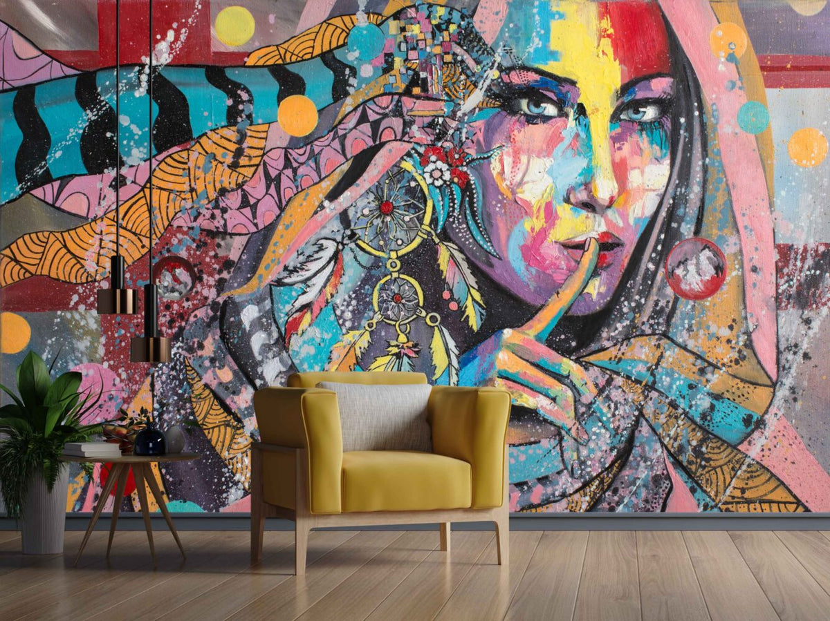 Boho Graffiti Portrait Wallpaper : Colorful Dreamcatcher Woman Mural - View 2