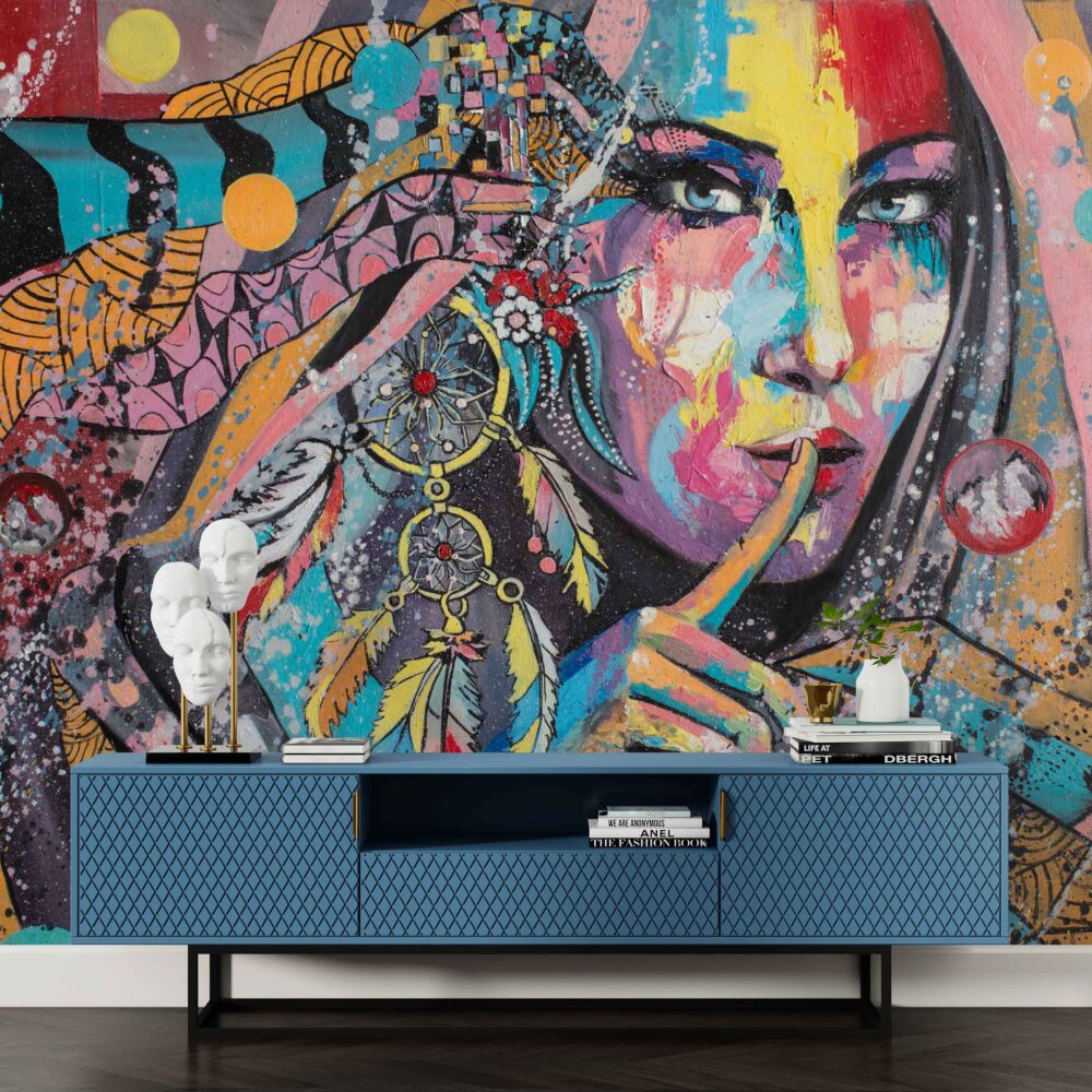 Boho Graffiti Portrait Wallpaper : Colorful Dreamcatcher Woman Mural - View 3