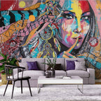 Boho Graffiti Portrait Wallpaper : Colorful Dreamcatcher Woman Mural