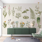 Botanical Herbs Wallpaper : Minimalist Wildflower and Fern Chart Mural - View 2