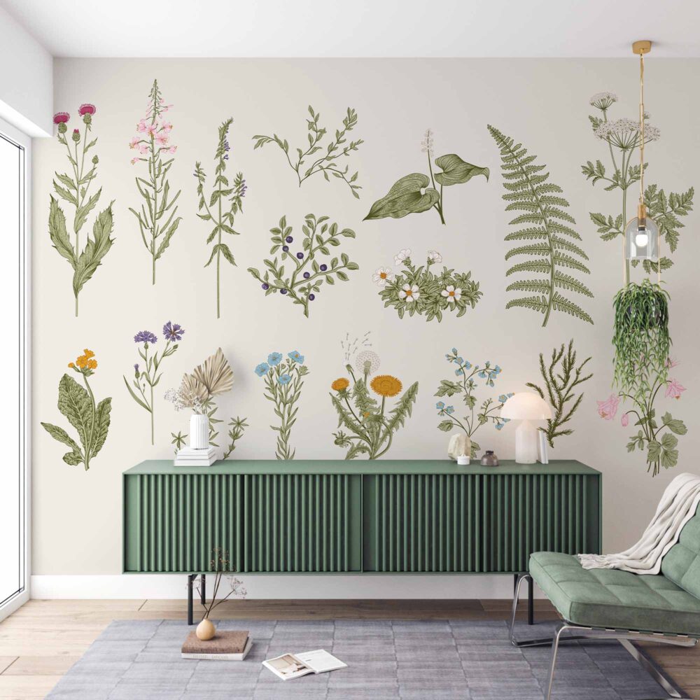 Botanical Herbs Wallpaper : Minimalist Wildflower and Fern Chart Mural - View 2