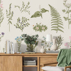 Botanical Herbs Wallpaper : Minimalist Wildflower and Fern Chart Mural - View 3