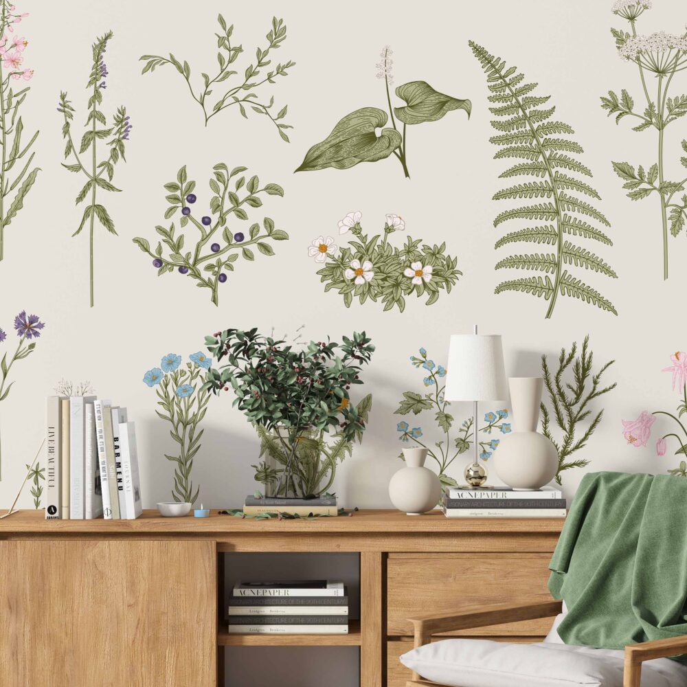Botanical Herbs Wallpaper : Minimalist Wildflower and Fern Chart Mural - View 3