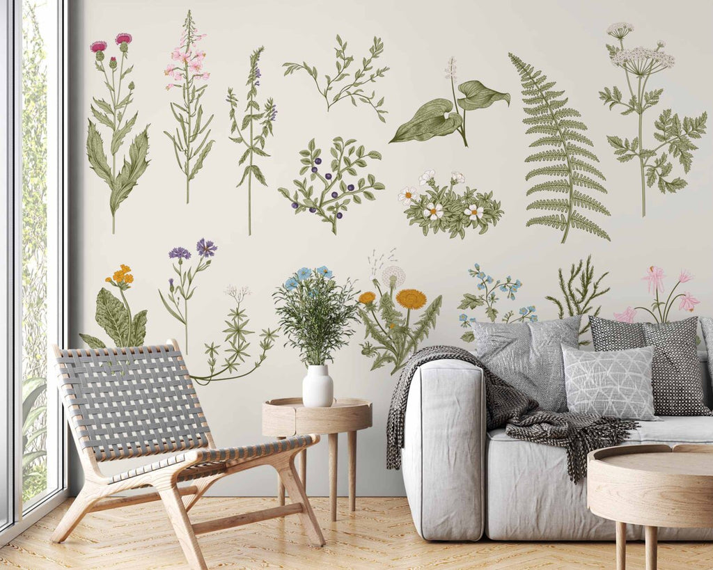 Botanical Herbs Wallpaper : Minimalist Wildflower and Fern Chart Mural
