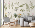 Botanical Herbs Wallpaper : Minimalist Wildflower and Fern Chart Mural