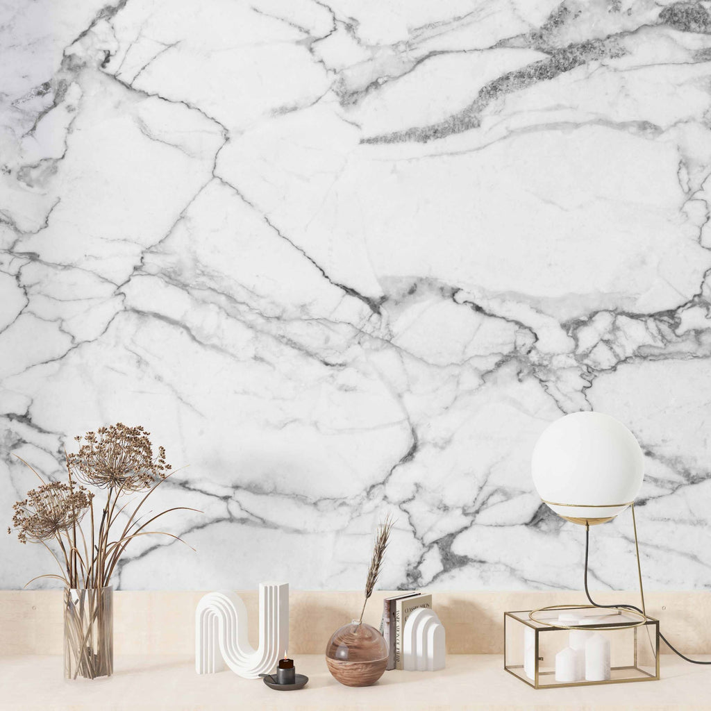 Carrara Marble Wallpaper : White and Grey Stone Mural - View 4