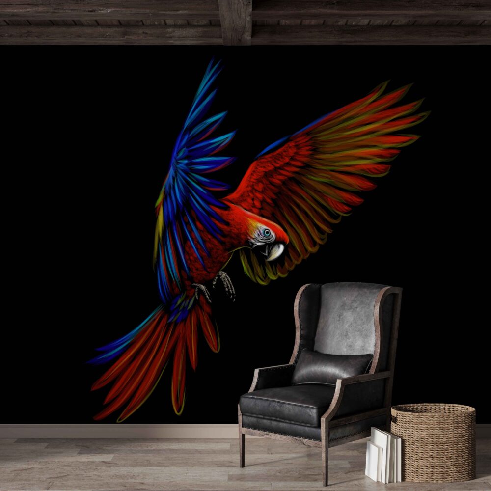 Red and Blue Macaw Wallpaper : Parrot in Flight on Black Mural - View 2