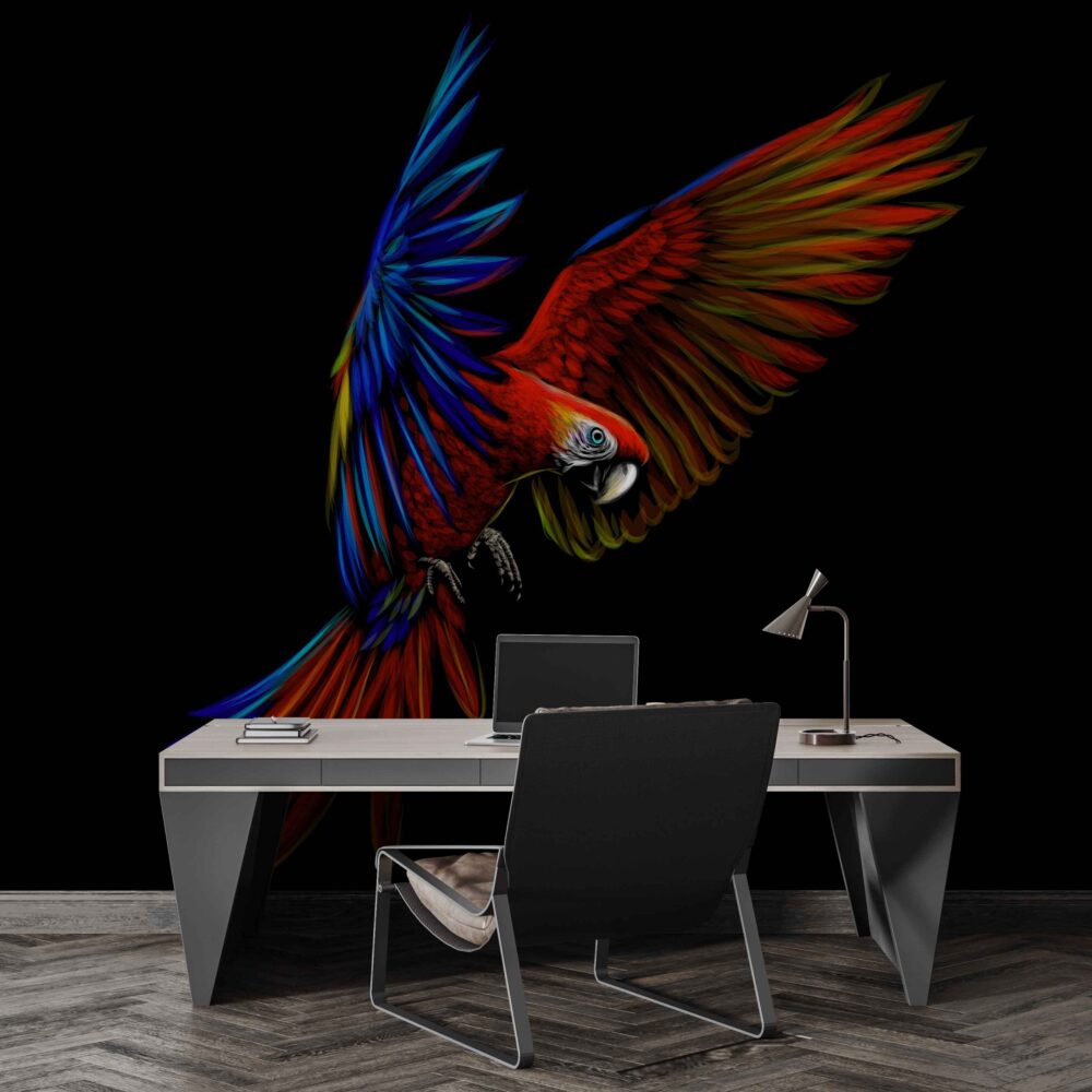 Red and Blue Macaw Wallpaper : Parrot in Flight on Black Mural - View 3