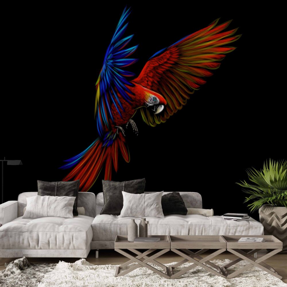 Red and Blue Macaw Wallpaper : Parrot in Flight on Black Mural