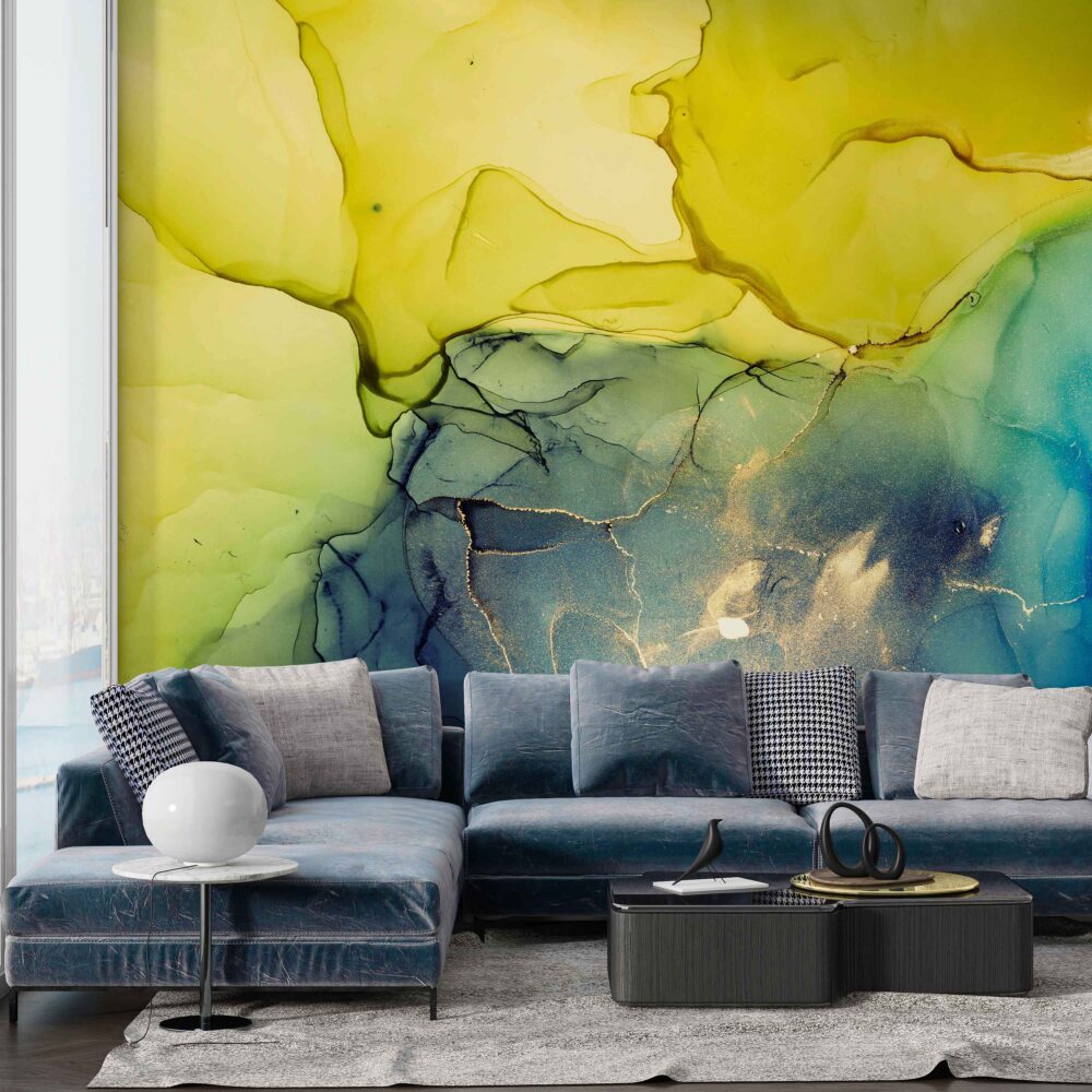 Yellow and Blue Ink Wallpaper : Alcohol Ink Abstract Mural - View 2
