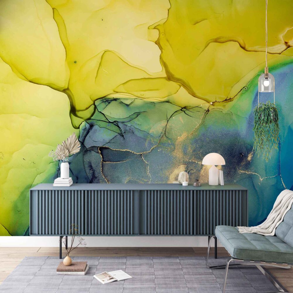 Yellow and Blue Ink Wallpaper : Alcohol Ink Abstract Mural