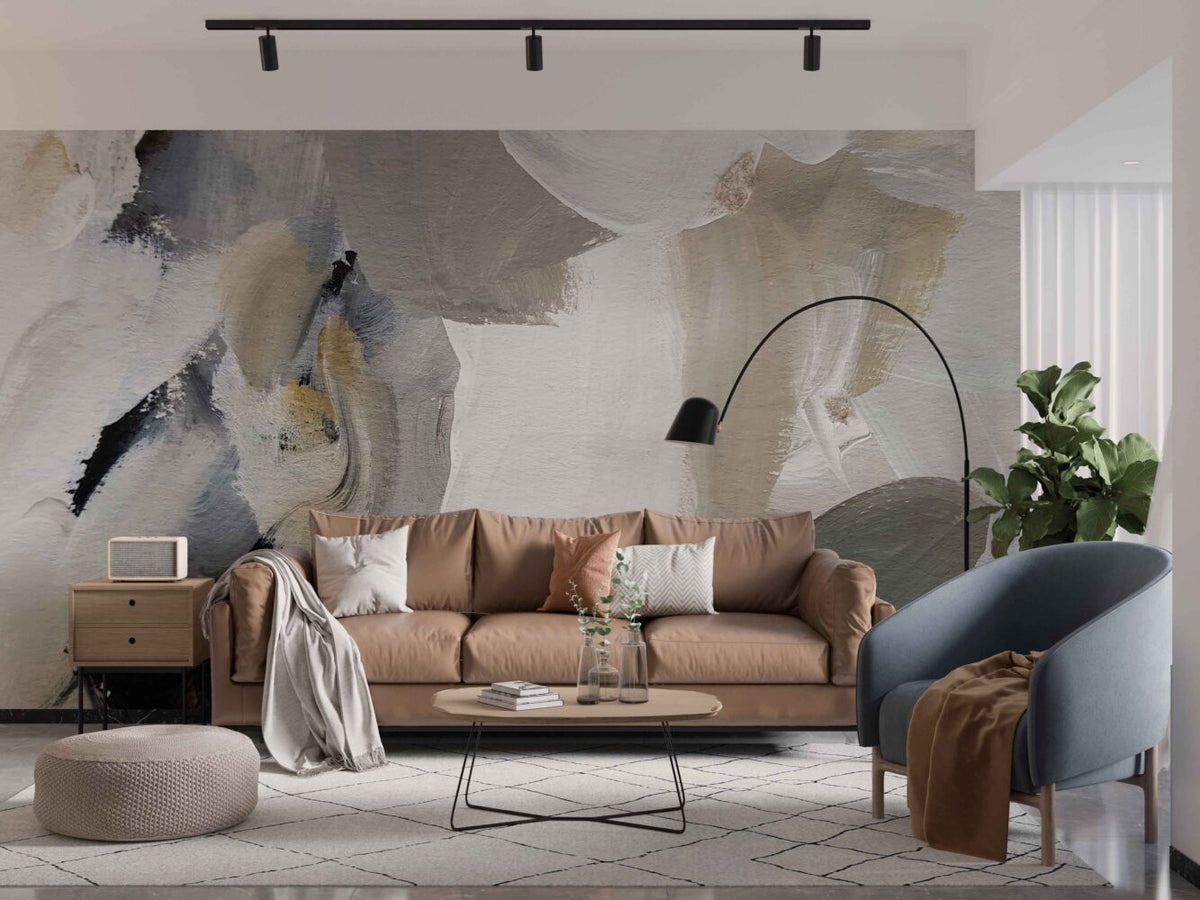 Neutral Brush Stroke Wallpaper : White and Beige Abstract Mural - View 3