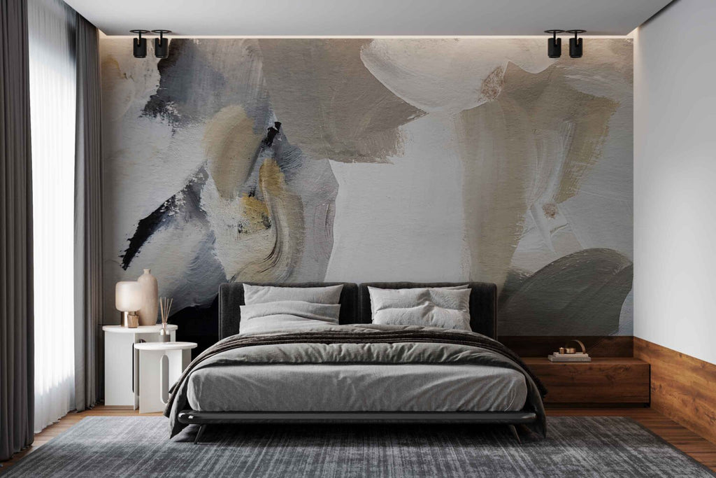 Neutral Brush Stroke Wallpaper : White and Beige Abstract Mural