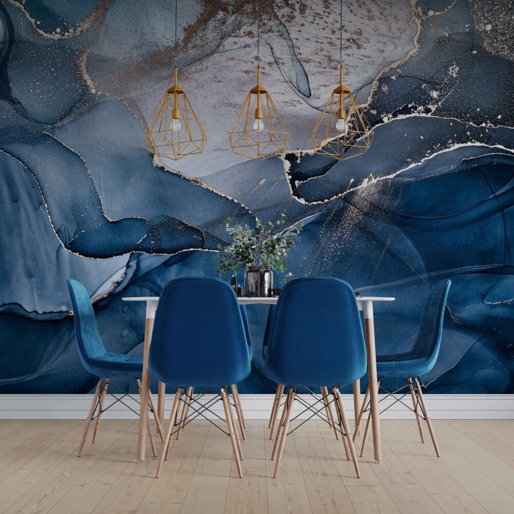 Blue Silver Abstract Wallpaper : Ink Wave Mural - View 2