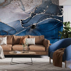 Blue Silver Abstract Wallpaper : Ink Wave Mural - View 3