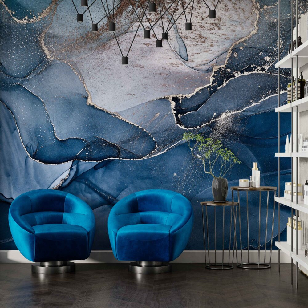 Blue Silver Abstract Wallpaper : Ink Wave Mural - View 4