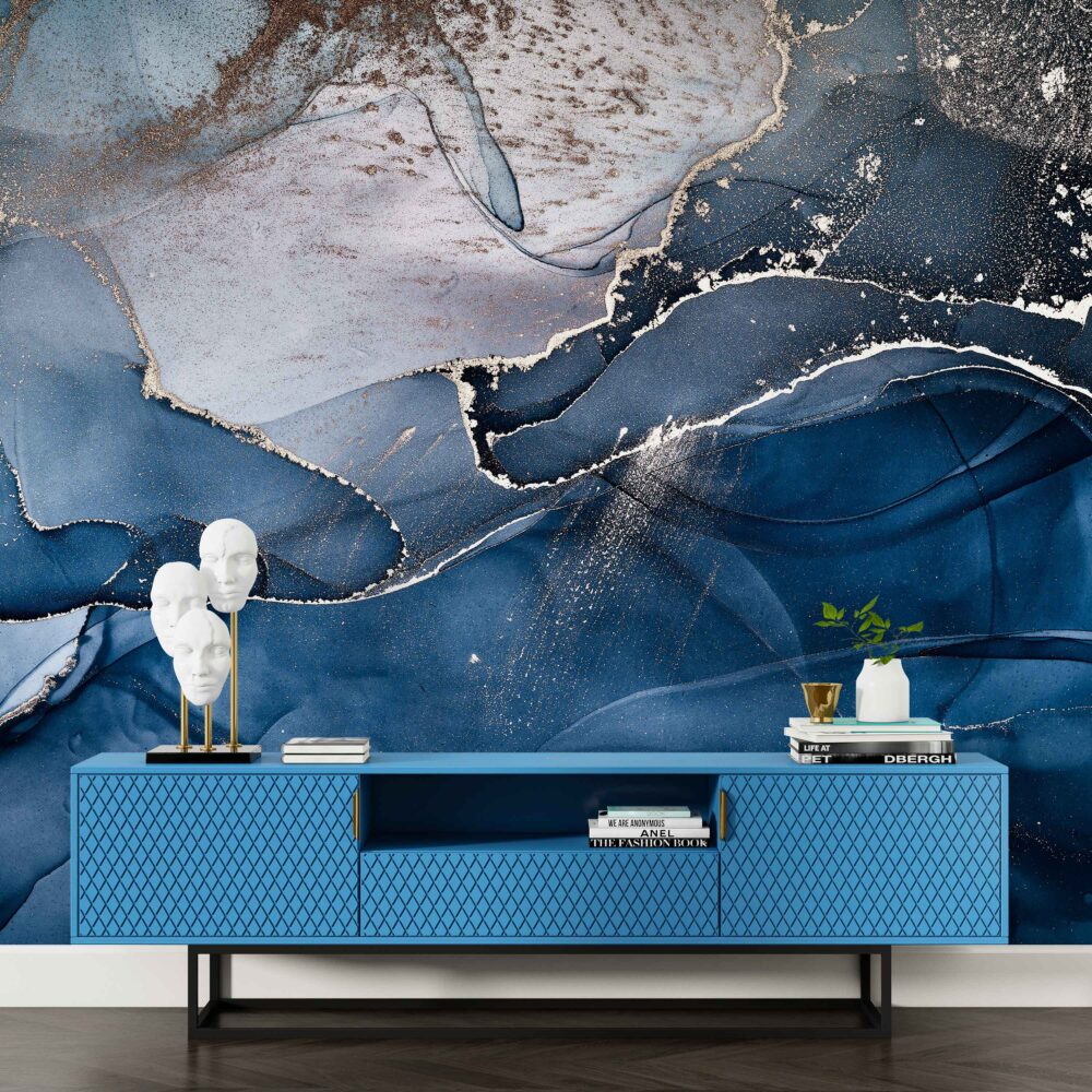 Blue Silver Abstract Wallpaper : Ink Wave Mural