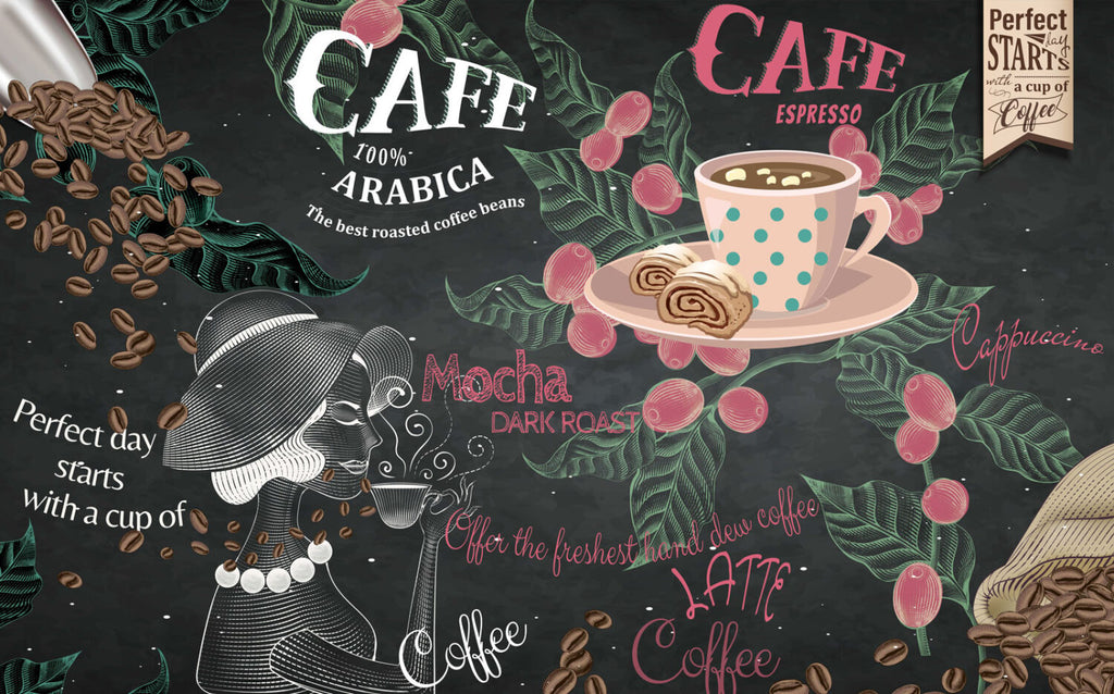 Coffee Shop Wallpaper : Chalkboard Cafe Art Mural - flat design